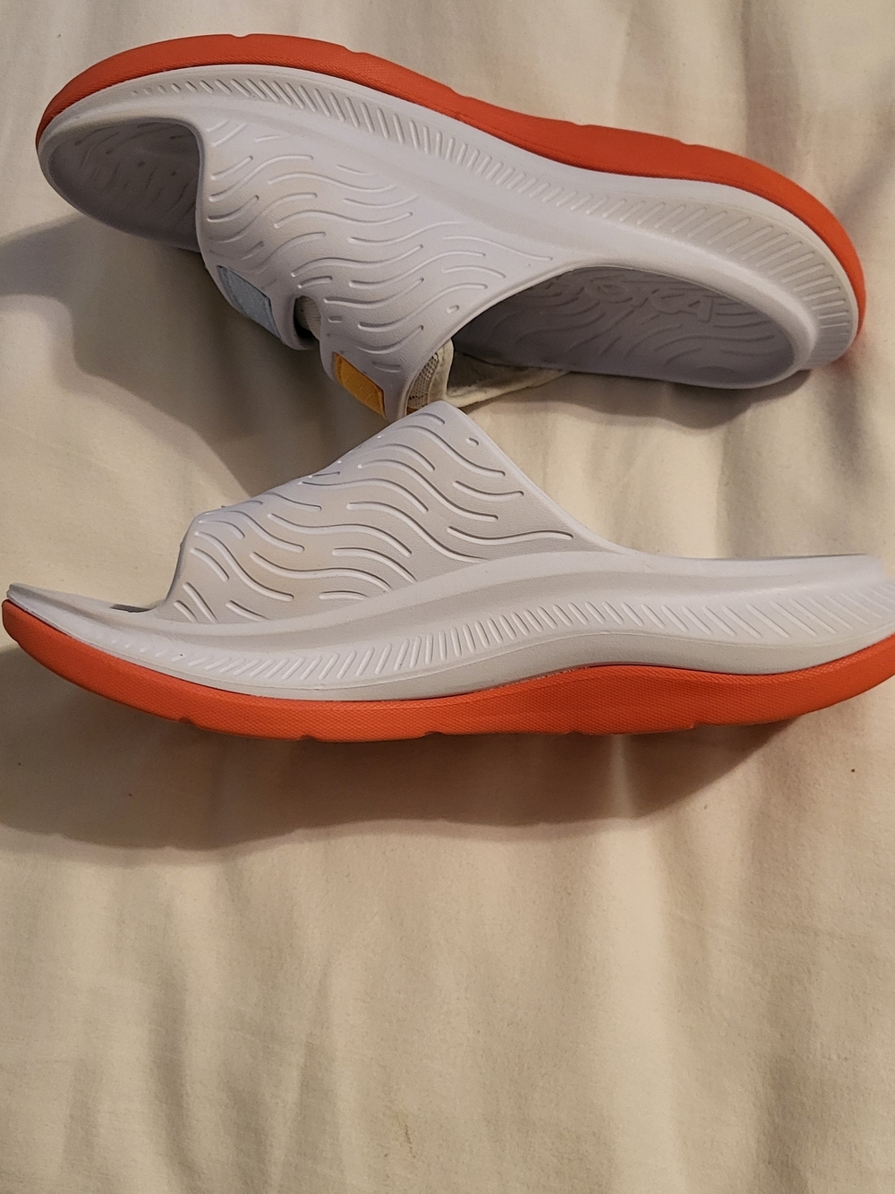 Hoka White and Orange Women's Slide Sandals